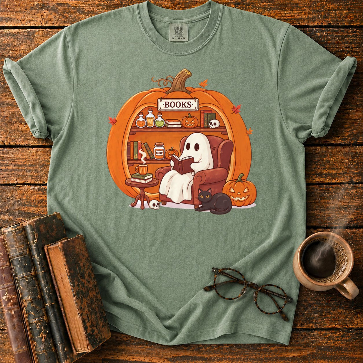 Cozy Pumpkin Library With Ghost And Cat T-Shirt in Moss – BooksThreads