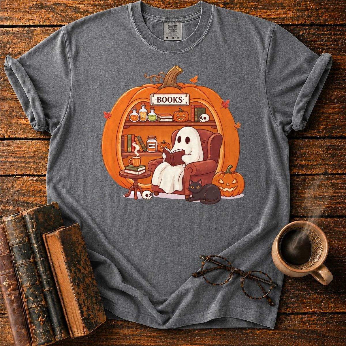 Cozy Pumpkin Library With Ghost And Cat T-Shirt in Pepper – BooksThreads