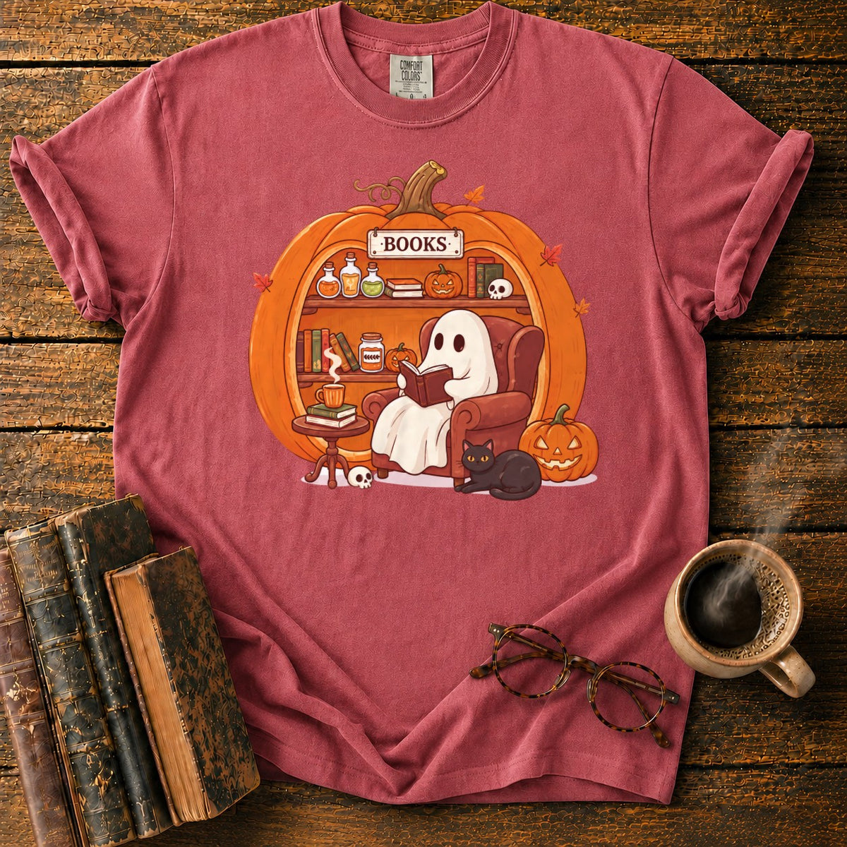 Cozy Pumpkin Library With Ghost And Cat T-Shirt in Watermelon – BooksThreads