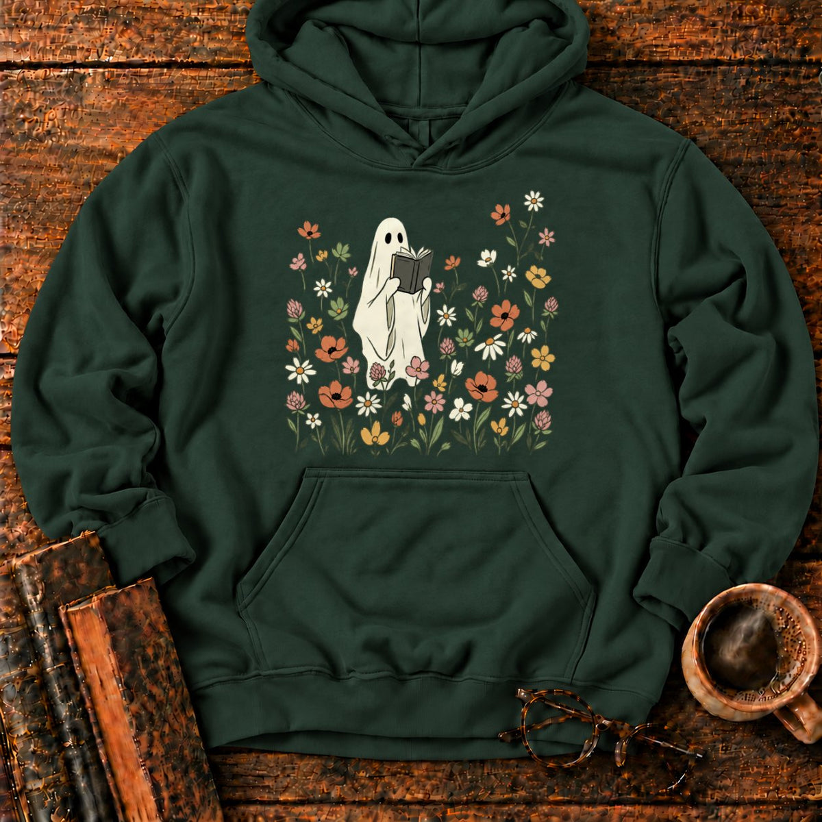 Cream Ghost Reading Among Wildflowers Hoodie in Forest Green – BooksThreads