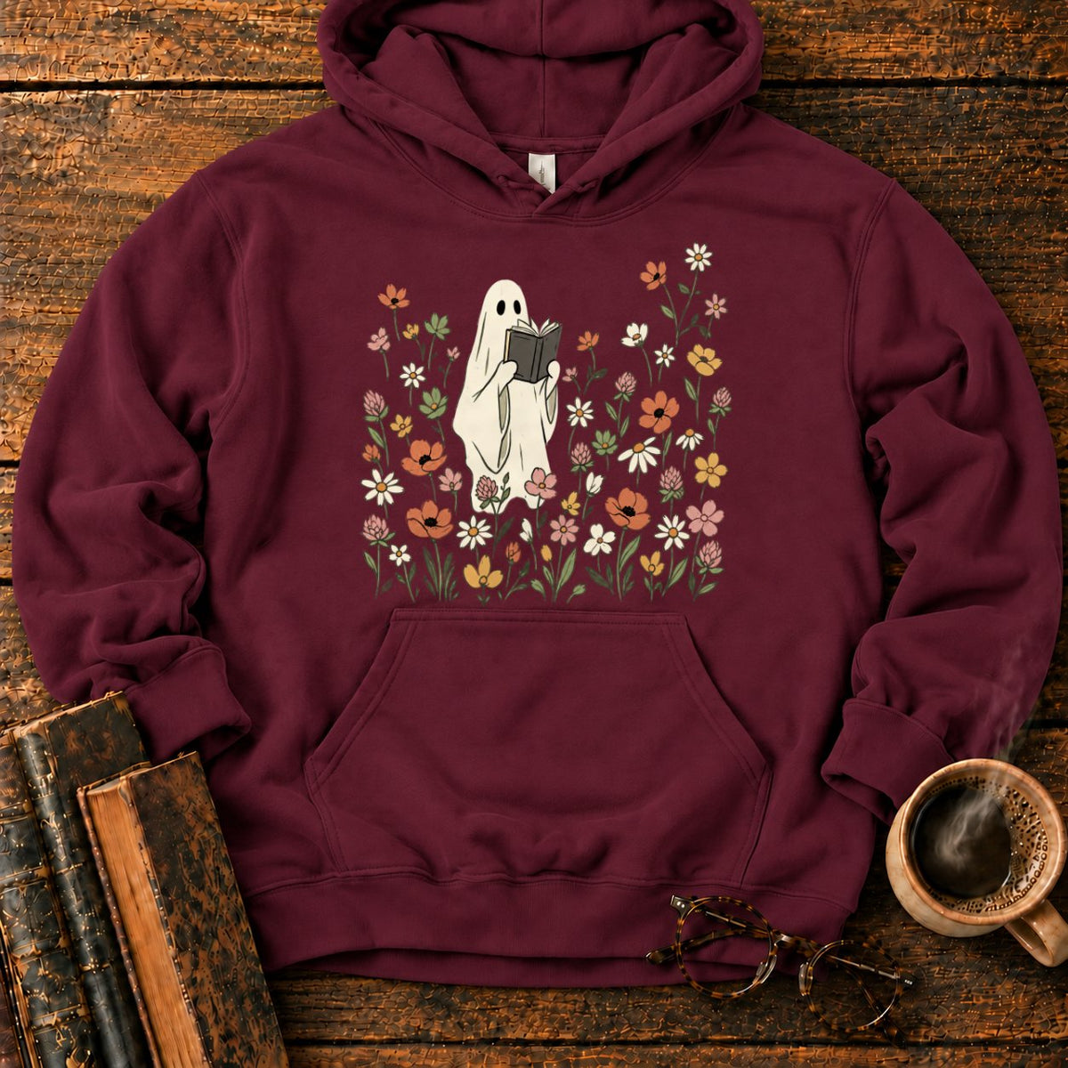 Cream Ghost Reading Among Wildflowers Hoodie in Maroon – BooksThreads