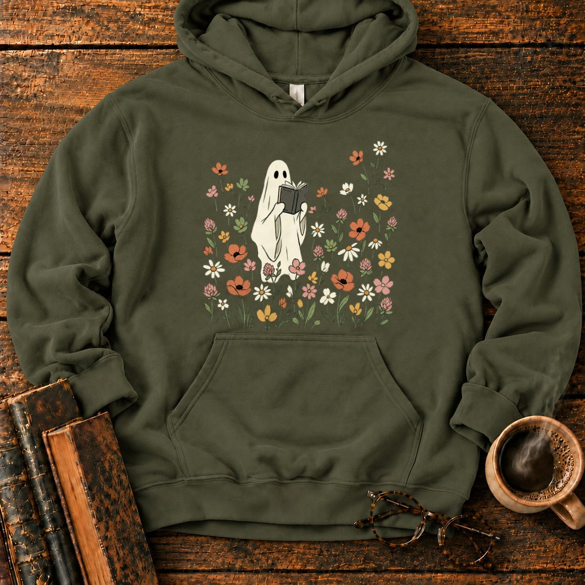 Cream Ghost Reading Among Wildflowers Hoodie in Military Green – BooksThreads