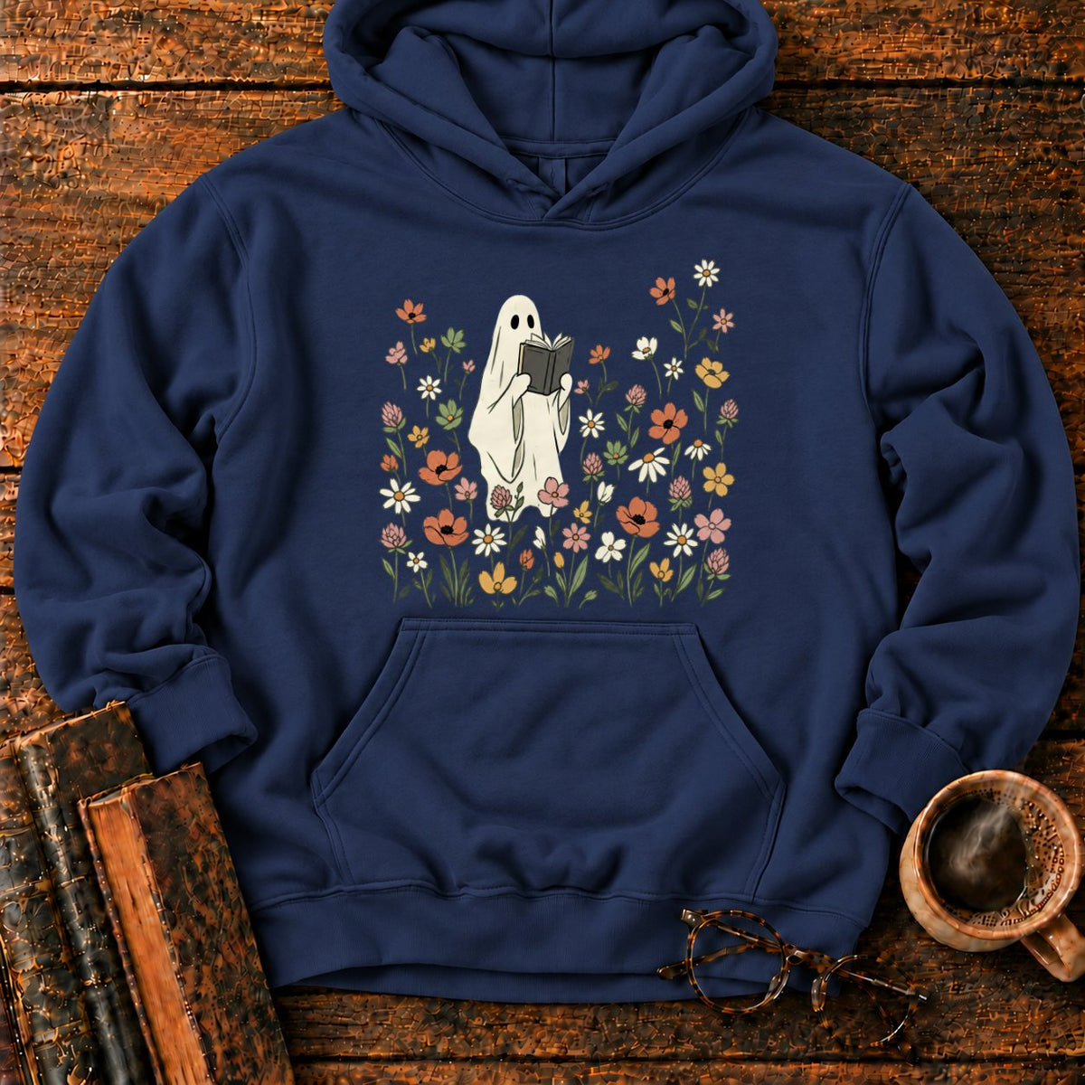 Cream Ghost Reading Among Wildflowers Hoodie in Navy – BooksThreads