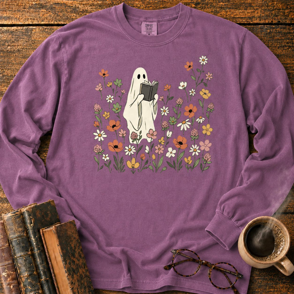Cream Ghost Reading Among Wildflowers LS T-Shirt in Berry – BooksThreads