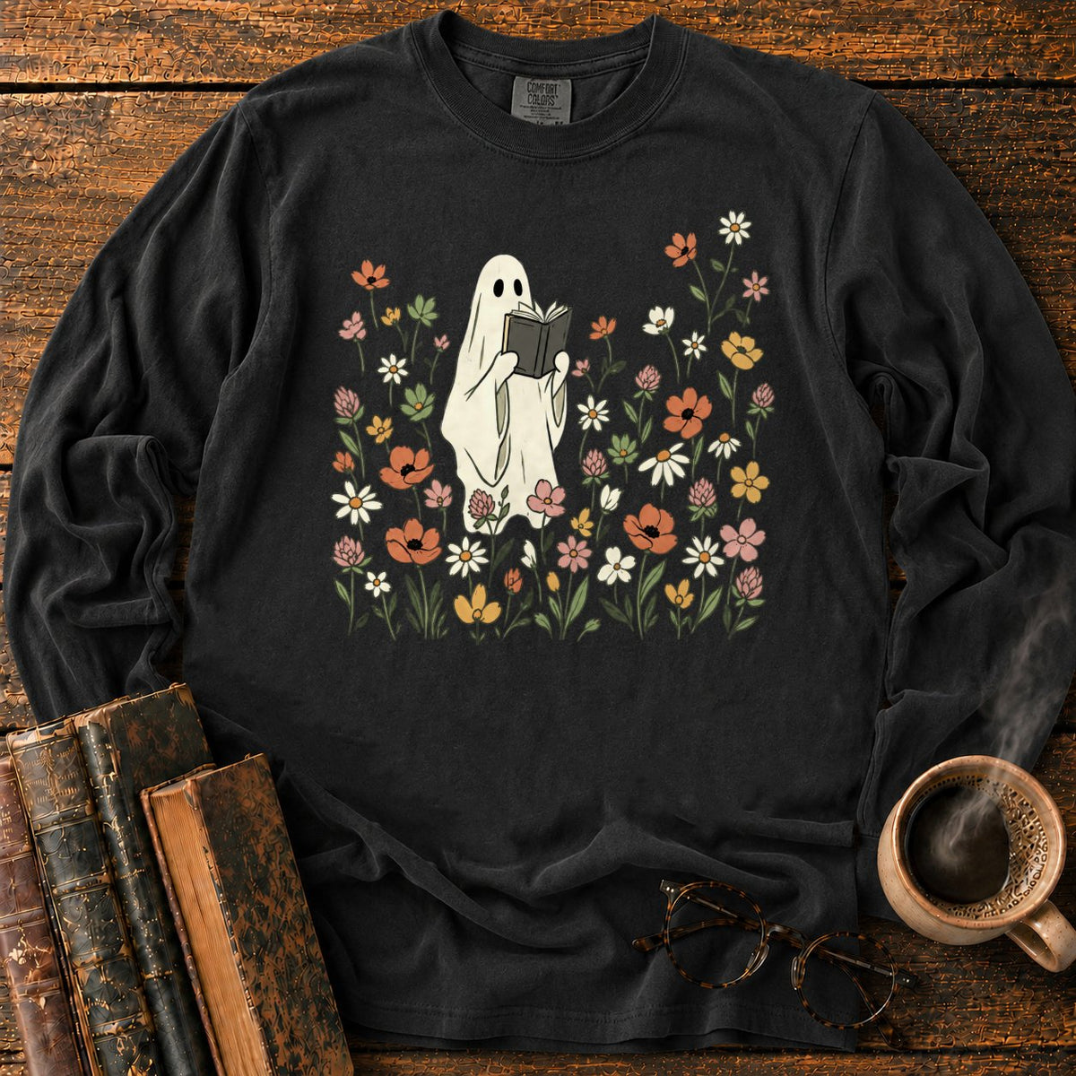 Cream Ghost Reading Among Wildflowers LS T-Shirt in Black – BooksThreads