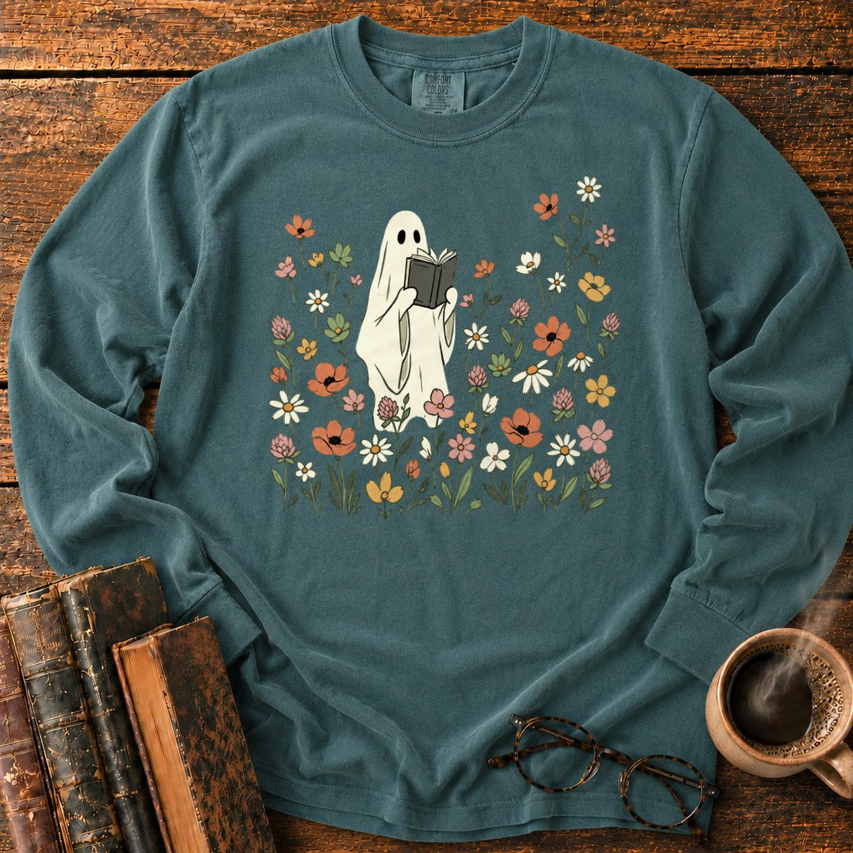 Cream Ghost Reading Among Wildflowers LS T-Shirt in Blue Spruce – BooksThreads