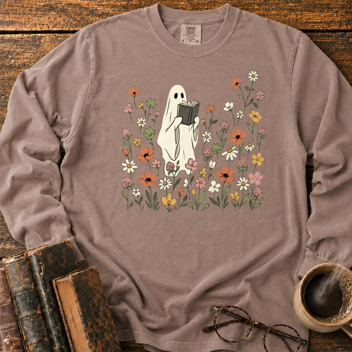 Cream Ghost Reading Among Wildflowers LS T-Shirt in Espresso – BooksThreads