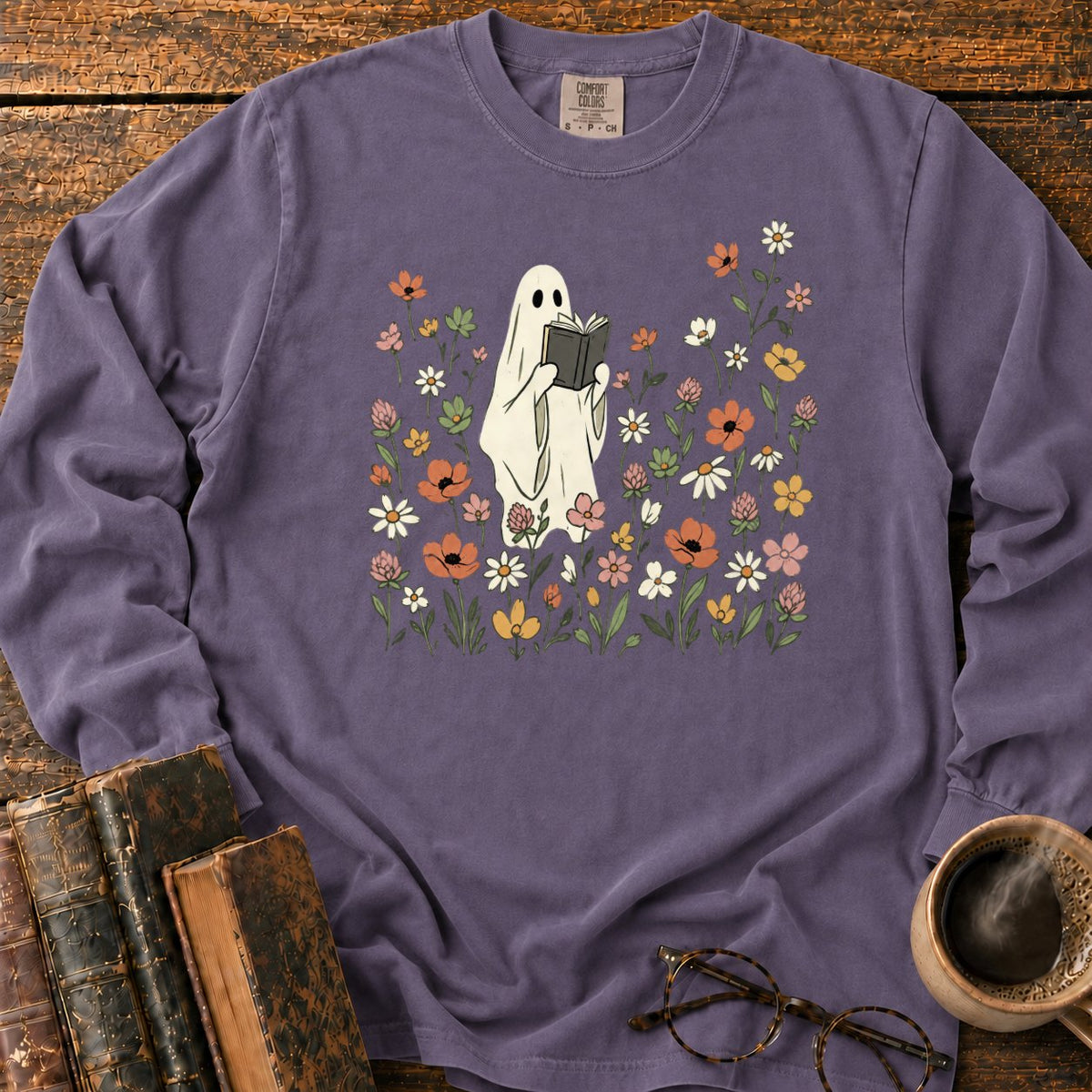Cream Ghost Reading Among Wildflowers LS T-Shirt in Grape – BooksThreads