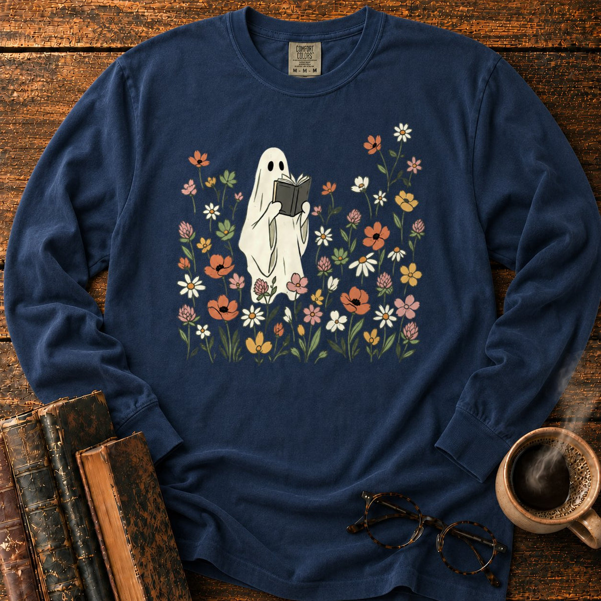Cream Ghost Reading Among Wildflowers LS T-Shirt in Midnight – BooksThreads