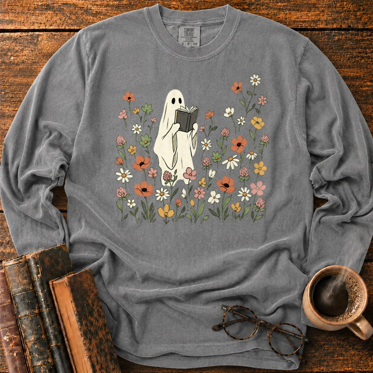 Cream Ghost Reading Among Wildflowers LS T-Shirt in Pepper – BooksThreads