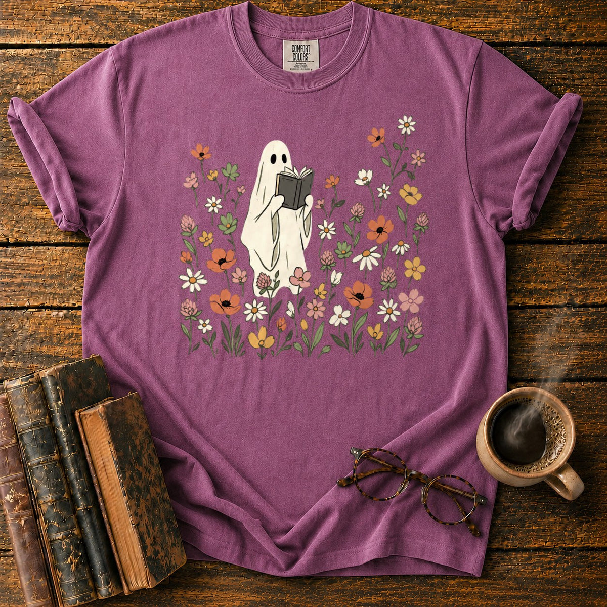 Cream Ghost Reading Among Wildflowers T-Shirt in Berry – BooksThreads