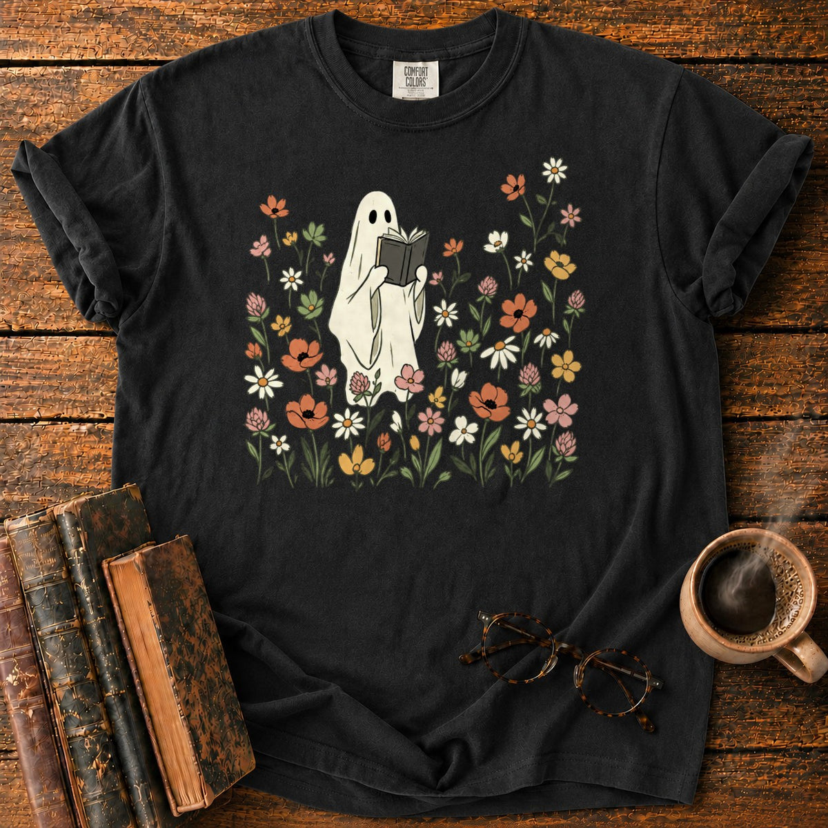 Cream Ghost Reading Among Wildflowers T-Shirt in Black – BooksThreads