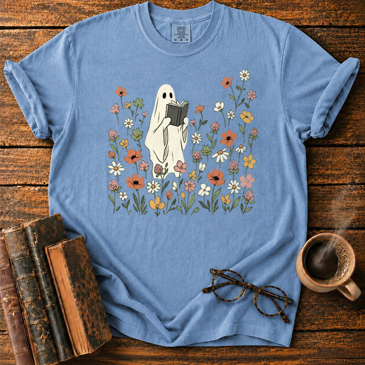 Cream Ghost Reading Among Wildflowers T-Shirt in Blue Jean – BooksThreads