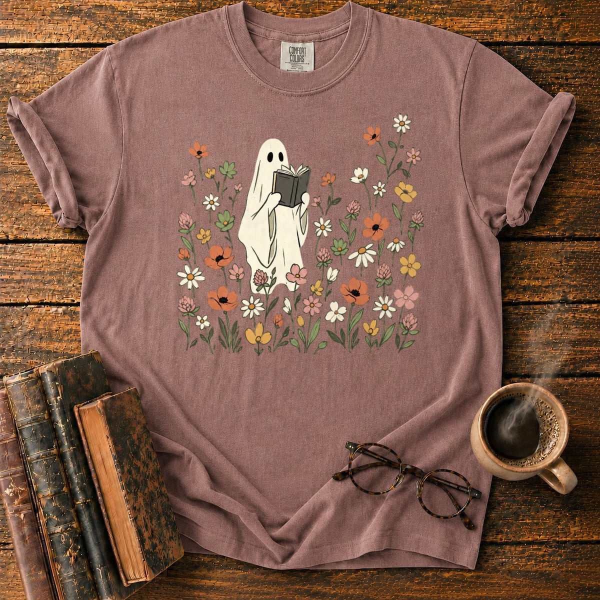 Cream Ghost Reading Among Wildflowers T-Shirt in Espresso – BooksThreads