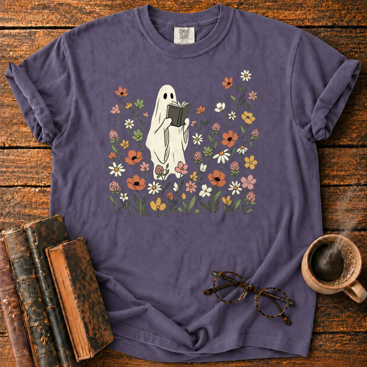 Cream Ghost Reading Among Wildflowers T-Shirt in Grape – BooksThreads