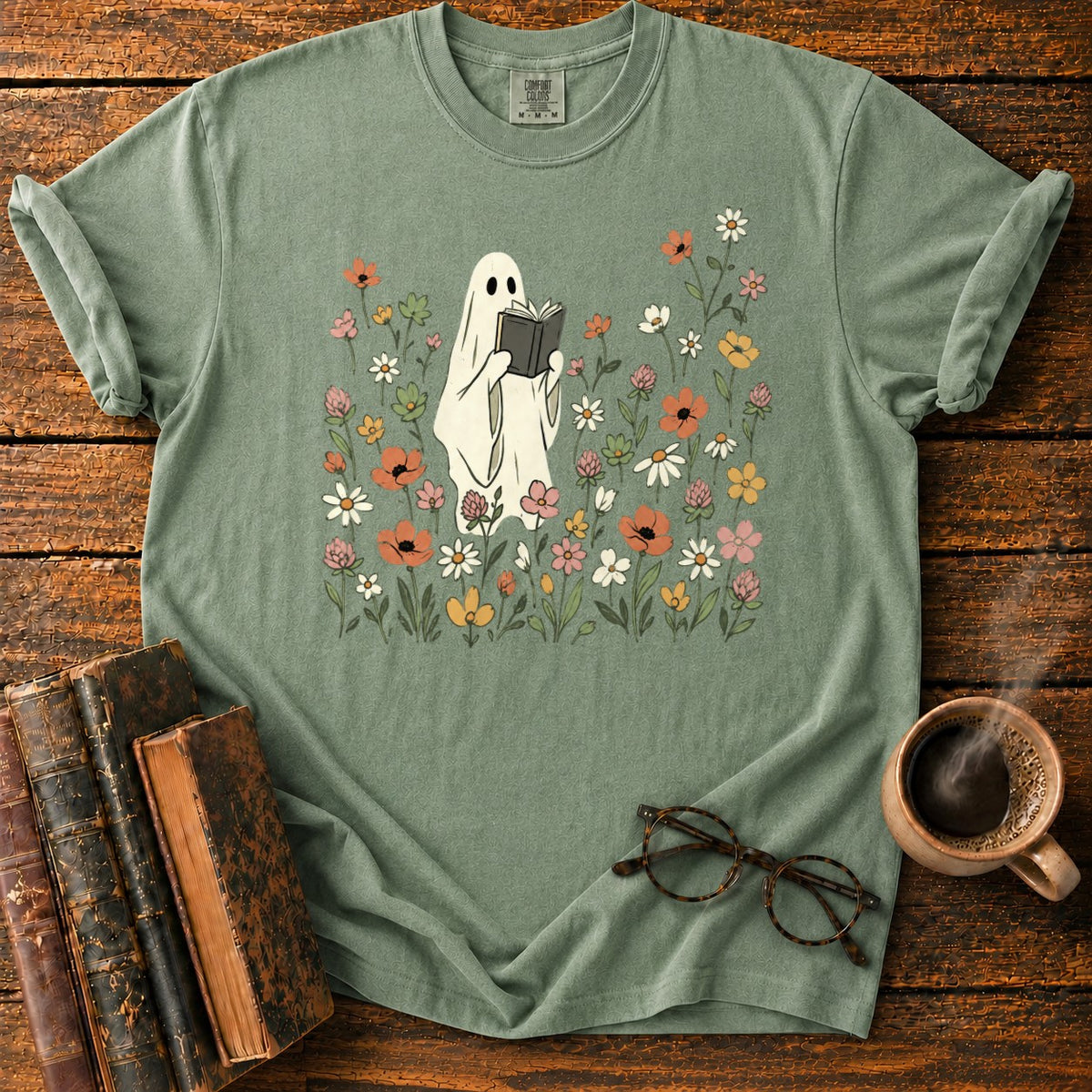Cream Ghost Reading Among Wildflowers T-Shirt in Moss – BooksThreads