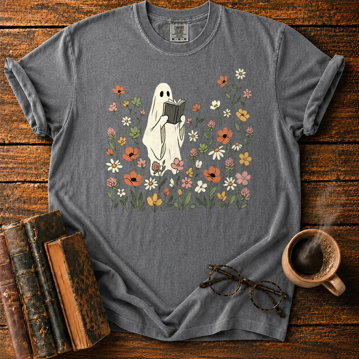 Cream Ghost Reading Among Wildflowers T-Shirt in Pepper – BooksThreads