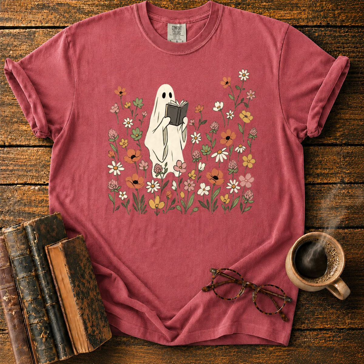 Cream Ghost Reading Among Wildflowers T-Shirt in Watermelon – BooksThreads