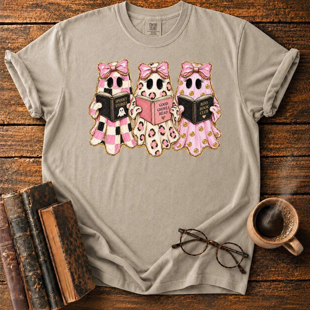 Cute Ghost Book Club Trio T-Shirt in Khaki – BooksThreads