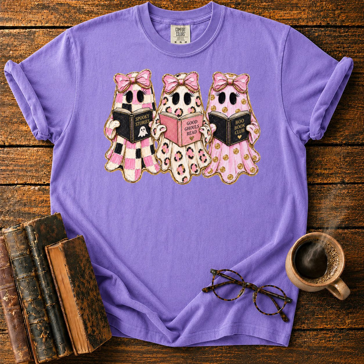 Cute Ghost Book Club Trio T-Shirt in Violet – BooksThreads