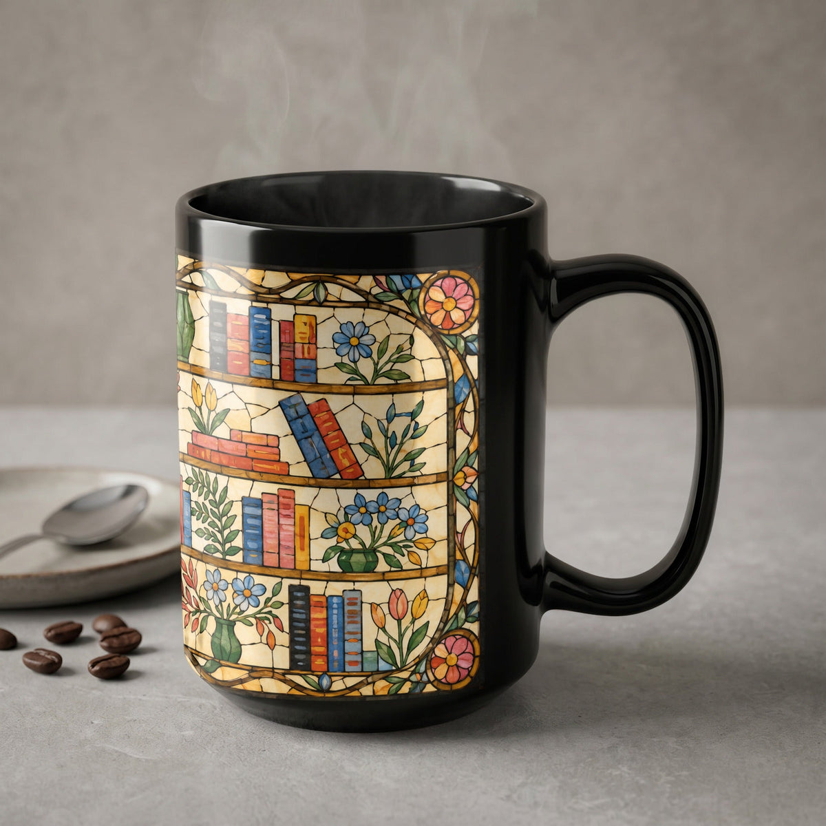 Literary Stained Glass Bookshelf Mug