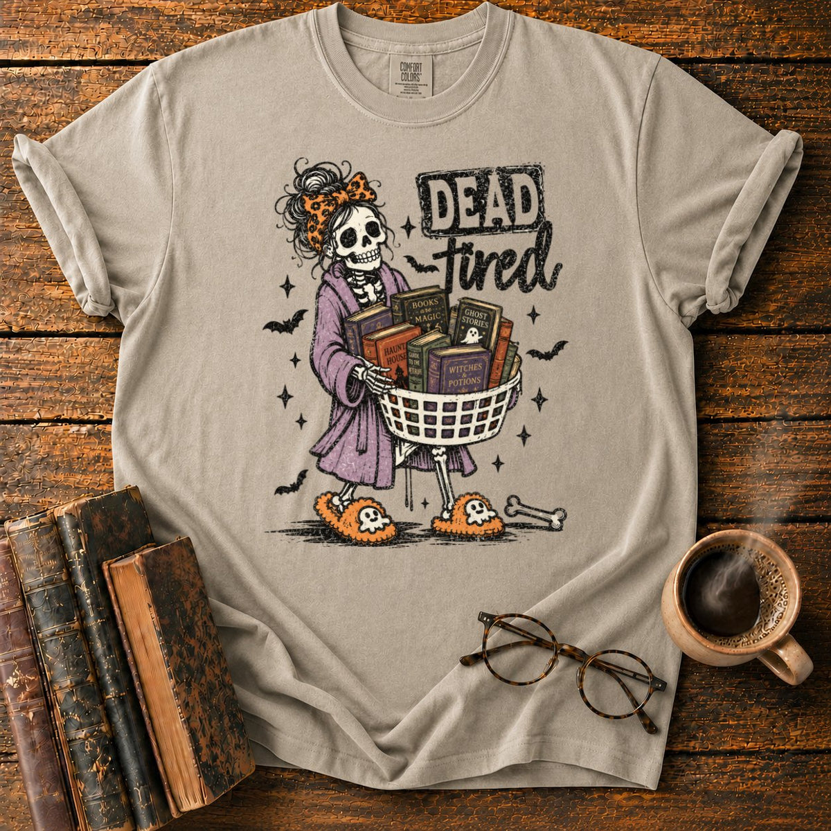 Dead Tired Bookish Skeleton T-Shirt in Khaki – BooksThreads