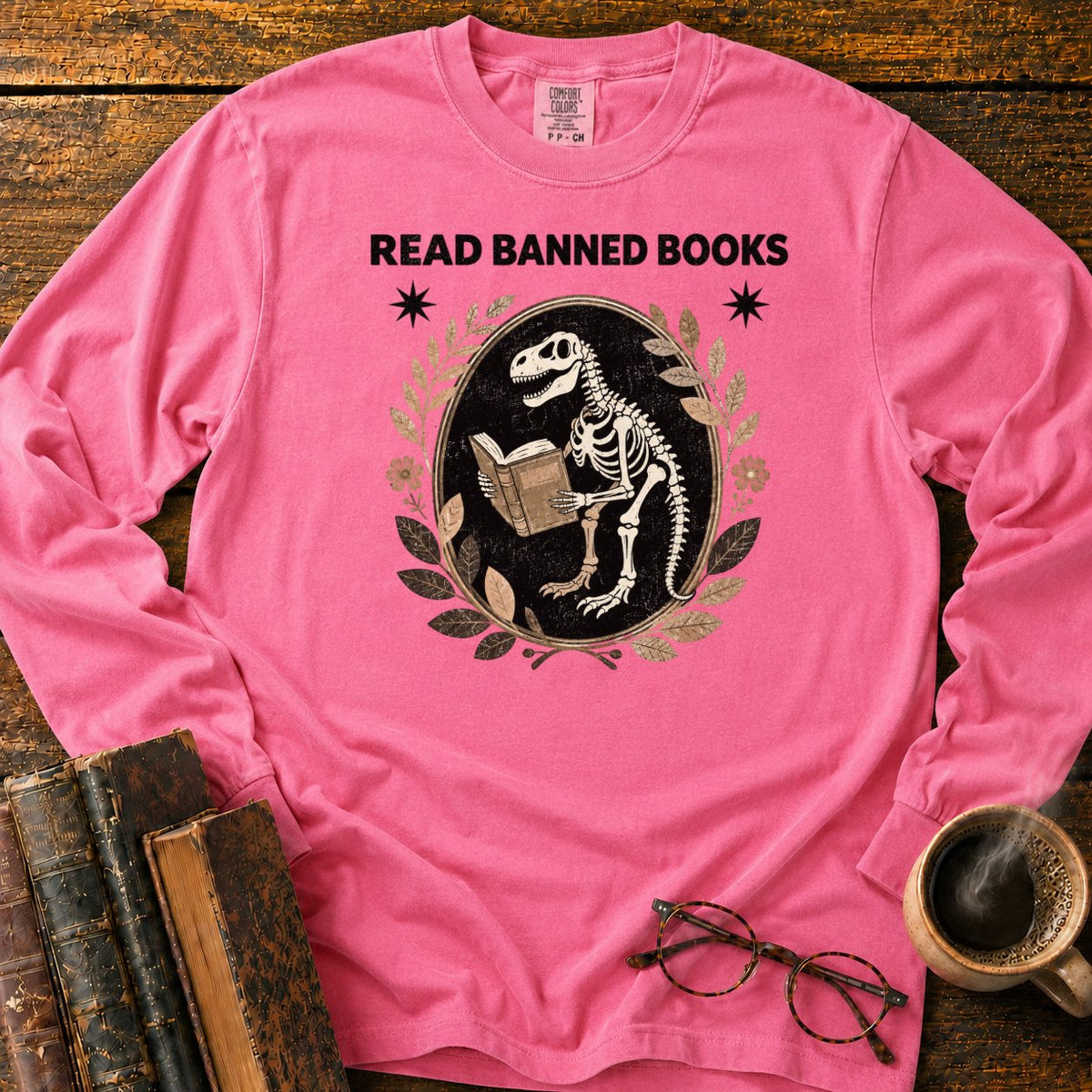 Dinosaur Skeleton Reading Banned Books LS T-Shirt in Blossom – BooksThreads