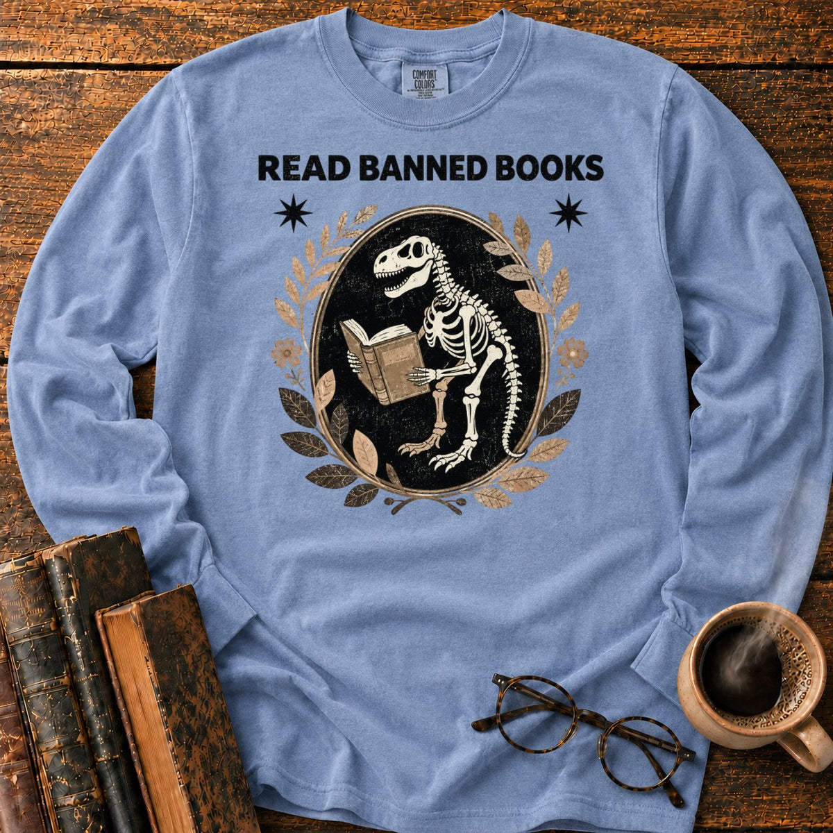 Dinosaur Skeleton Reading Banned Books LS T-Shirt in Blue Jean – BooksThreads