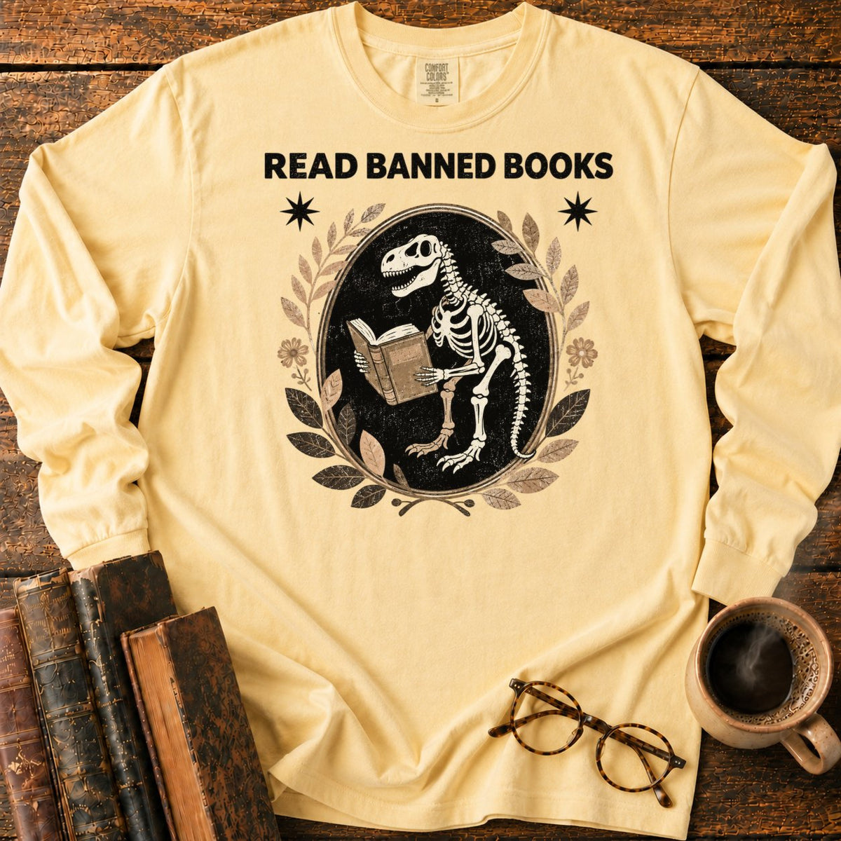 Dinosaur Skeleton Reading Banned Books LS T-Shirt in Butter – BooksThreads