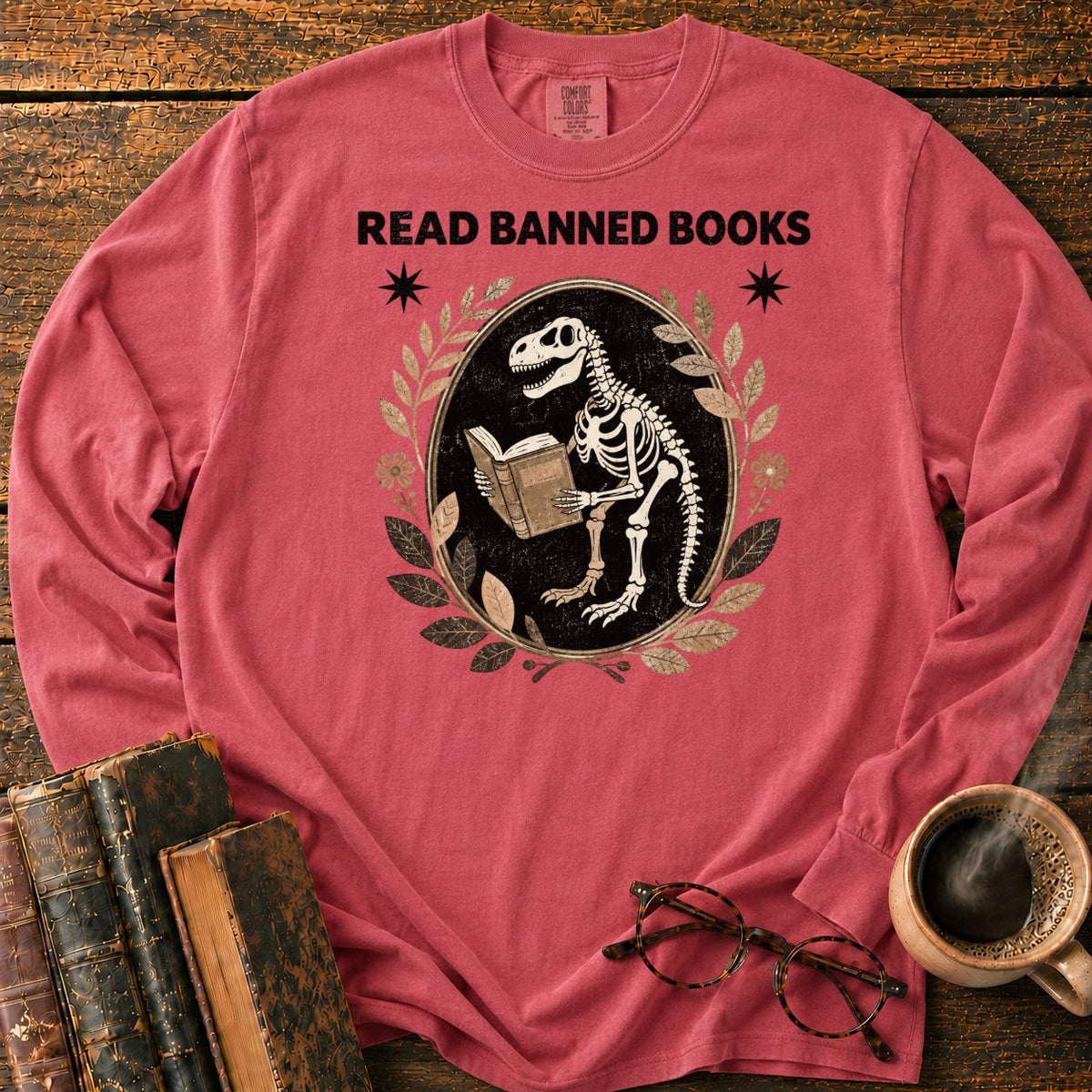Dinosaur Skeleton Reading Banned Books LS T-Shirt in Crimson – BooksThreads