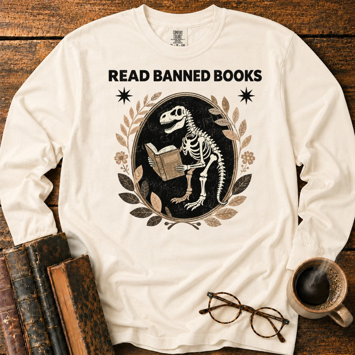 Dinosaur Skeleton Reading Banned Books LS T-Shirt in Ivory – BooksThreads