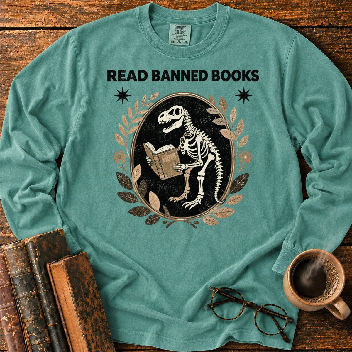 Dinosaur Skeleton Reading Banned Books LS T-Shirt in Light Green – BooksThreads