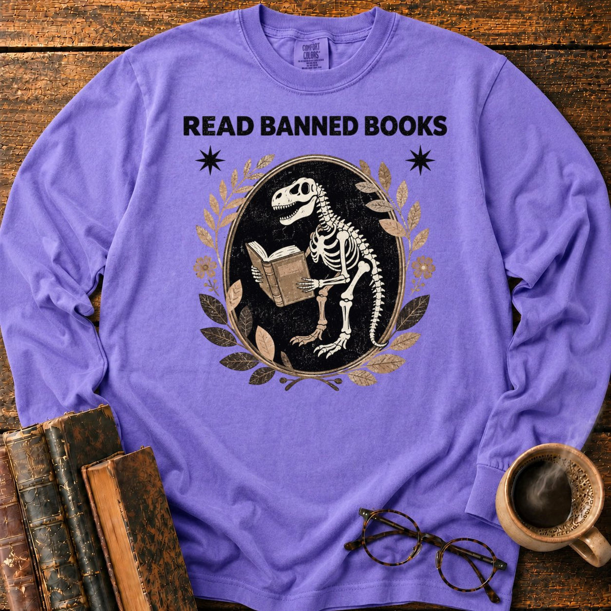 Dinosaur Skeleton Reading Banned Books LS T-Shirt in Violet – BooksThreads