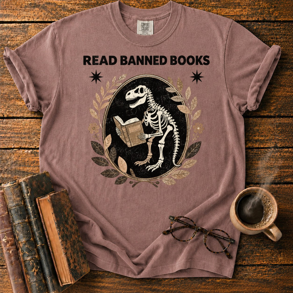 Dinosaur Skeleton Reading Banned Books T-Shirt in Espresso – BooksThreads