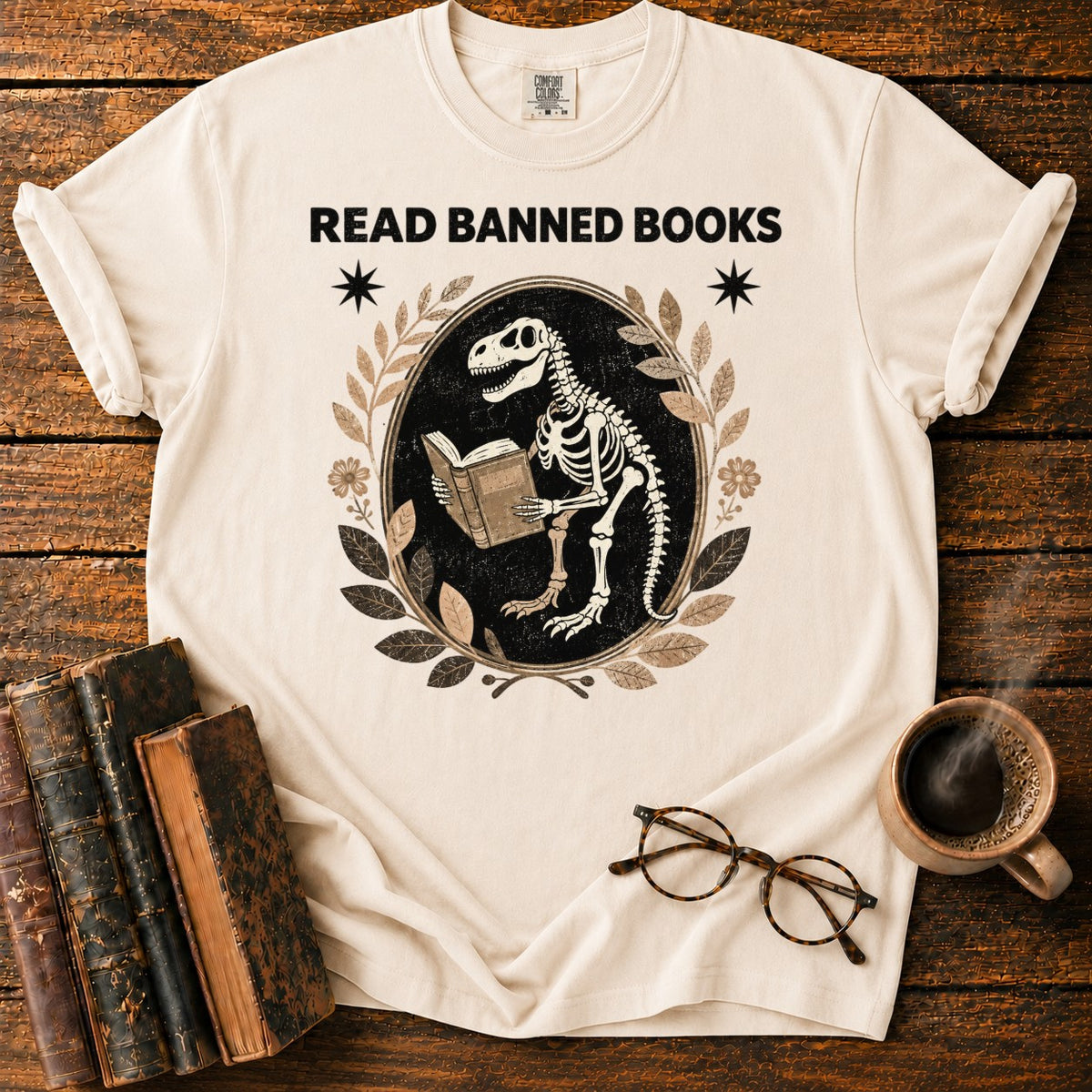 Dinosaur Skeleton Reading Banned Books T-Shirt in Ivory – BooksThreads