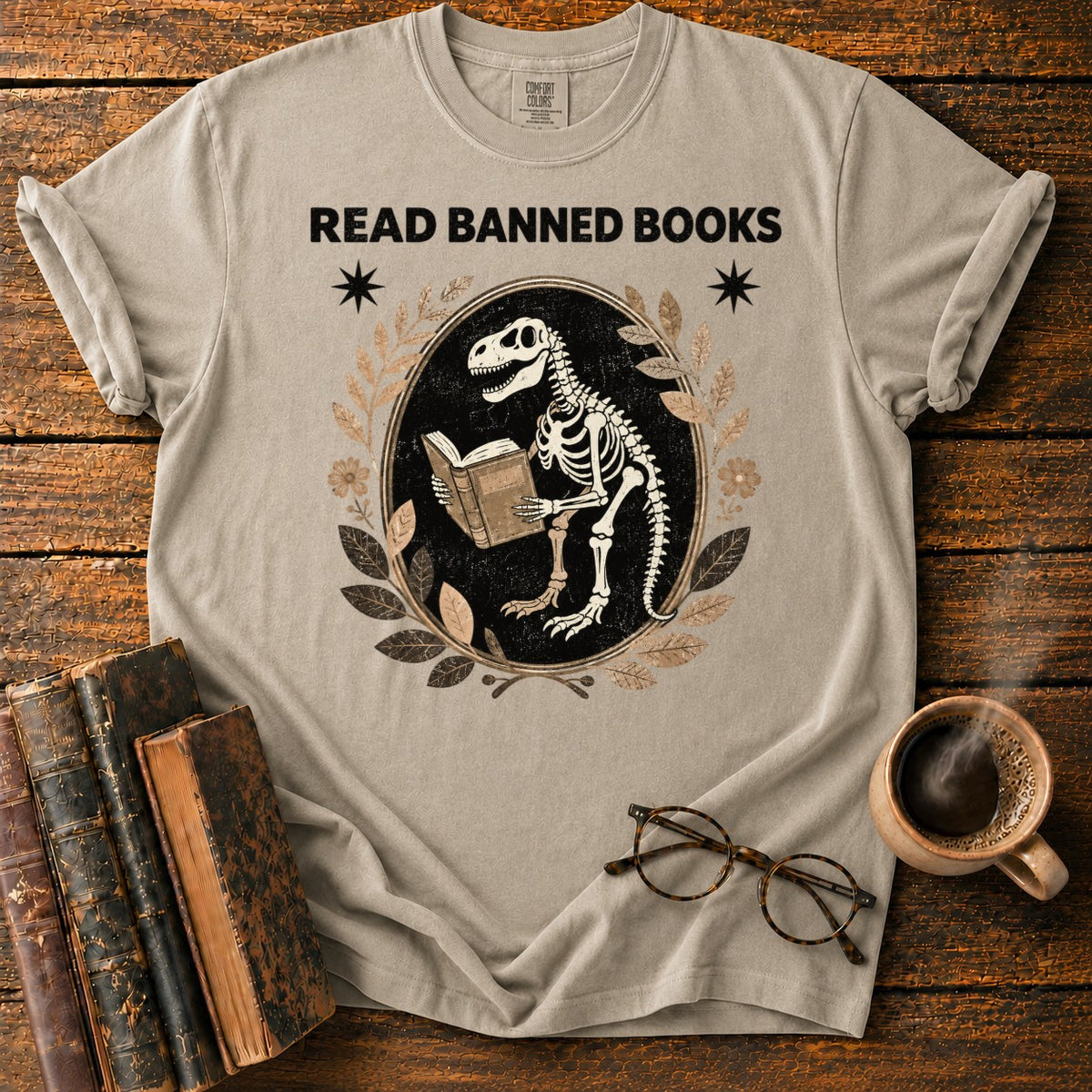 Dinosaur Skeleton Reading Banned Books T-Shirt in Khaki – BooksThreads