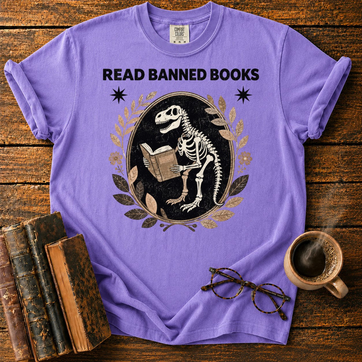 Dinosaur Skeleton Reading Banned Books T-Shirt in Violet – BooksThreads