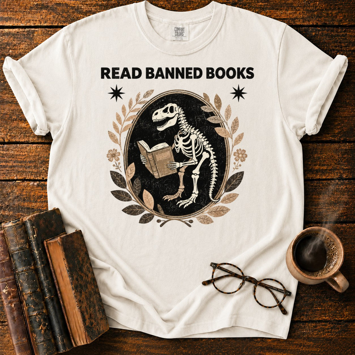 Dinosaur Skeleton Reading Banned Books T-Shirt in White – BooksThreads