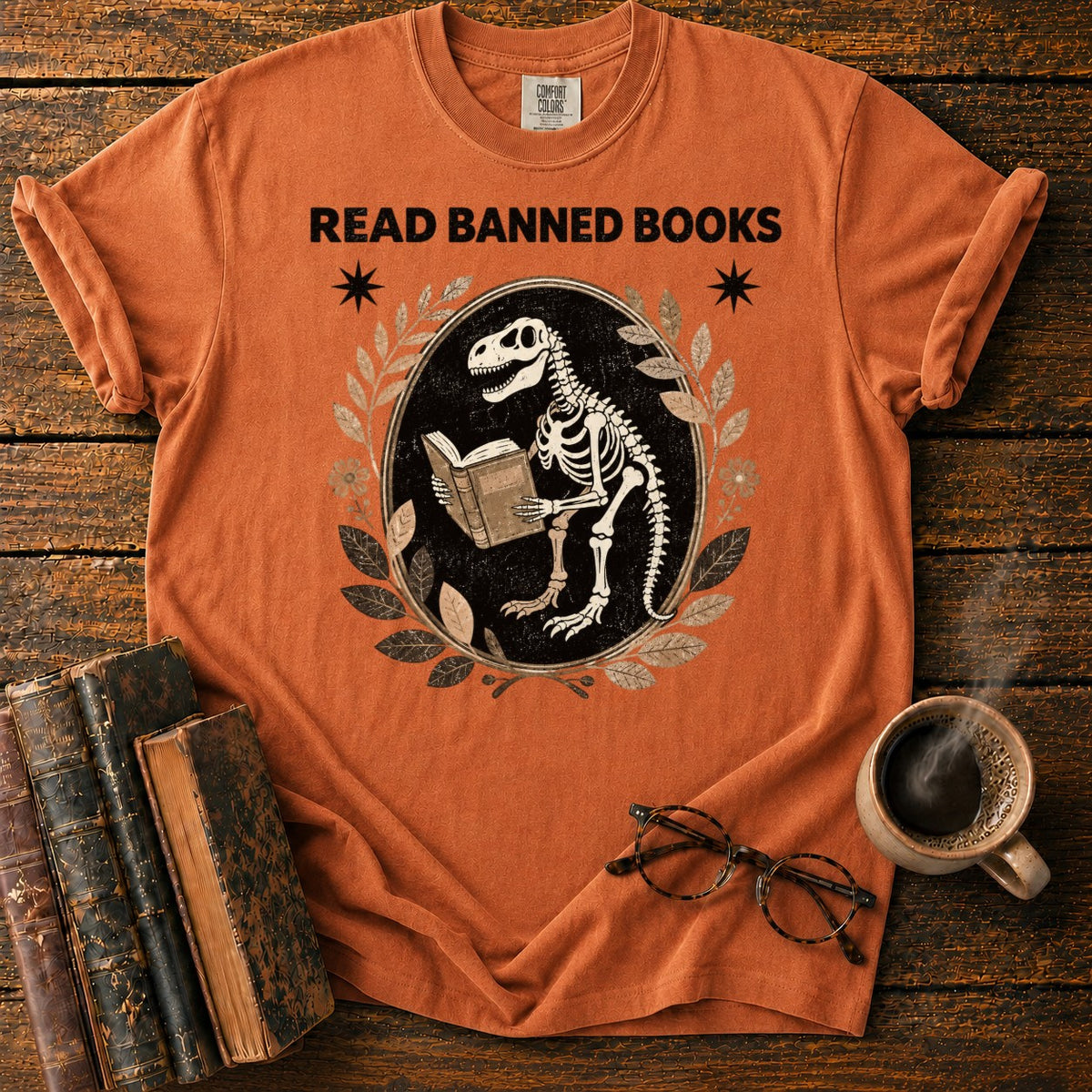 Dinosaur Skeleton Reading Banned Books T-Shirt in Yam – BooksThreads