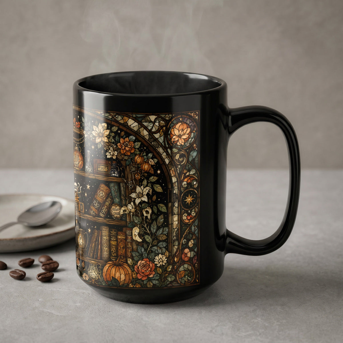 Dark Academia Bookshelf Stained Glass Mug
