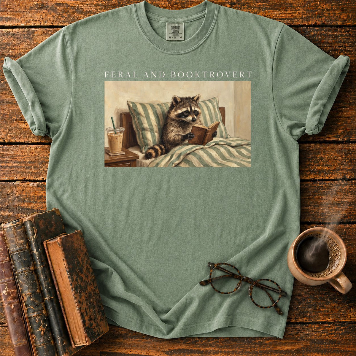 Feral And Booktrovert Raccoon T-Shirt in Moss – BooksThreads