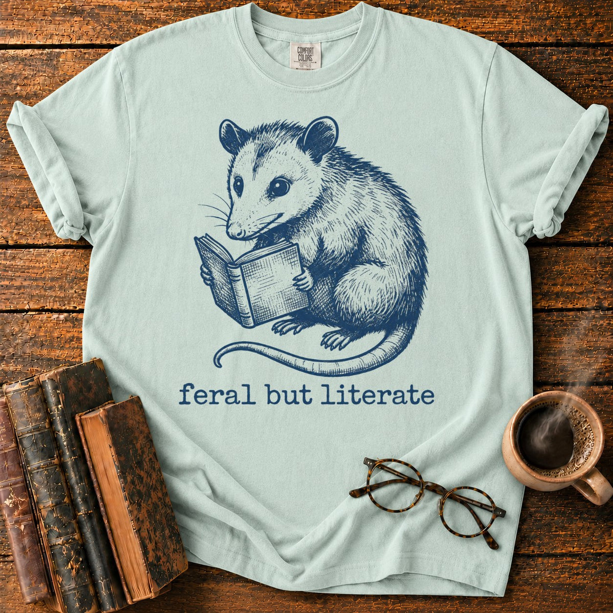 Feral But Literate Opossum T-Shirt in Bay – BooksThreads
