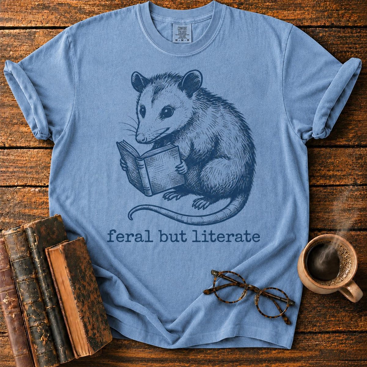 Feral But Literate Opossum T-Shirt in Blue Jean – BooksThreads