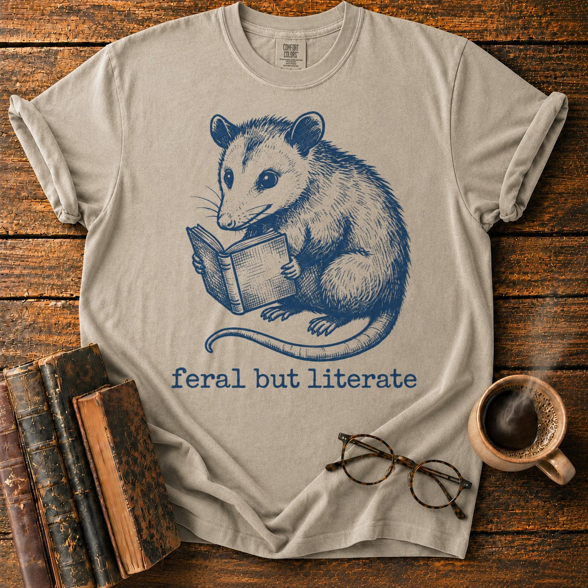 Feral But Literate Opossum T-Shirt in Khaki – BooksThreads
