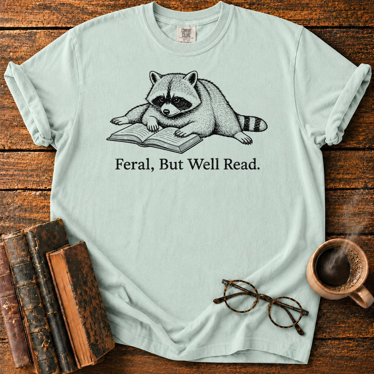 Feral But Well Read Raccoon Lineart T-Shirt in Bay – BooksThreads