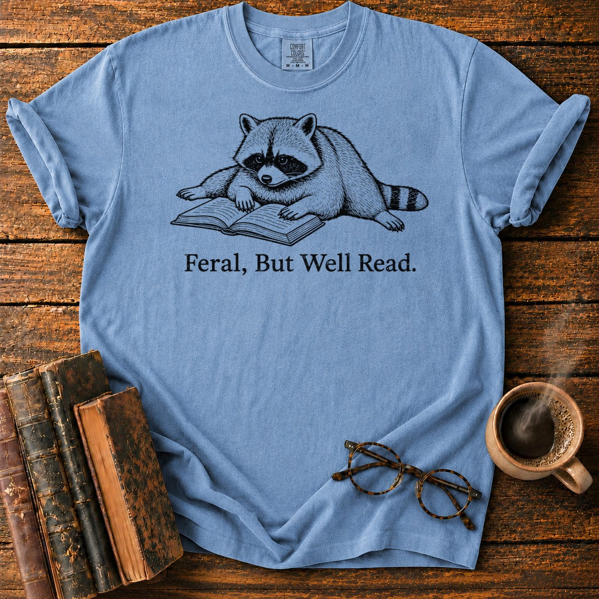 Feral But Well Read Raccoon Lineart T-Shirt in Blue Jean – BooksThreads
