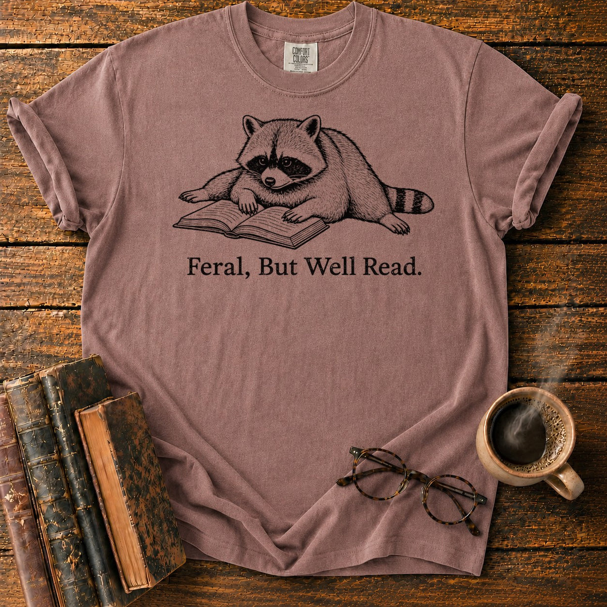 Feral But Well Read Raccoon Lineart T-Shirt in Espresso – BooksThreads