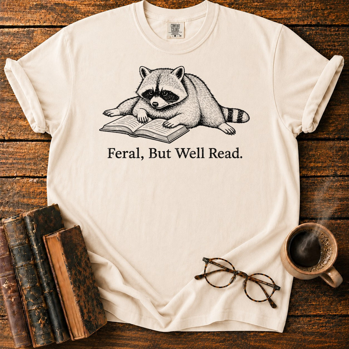 Feral But Well Read Raccoon Lineart T-Shirt in Ivory – BooksThreads