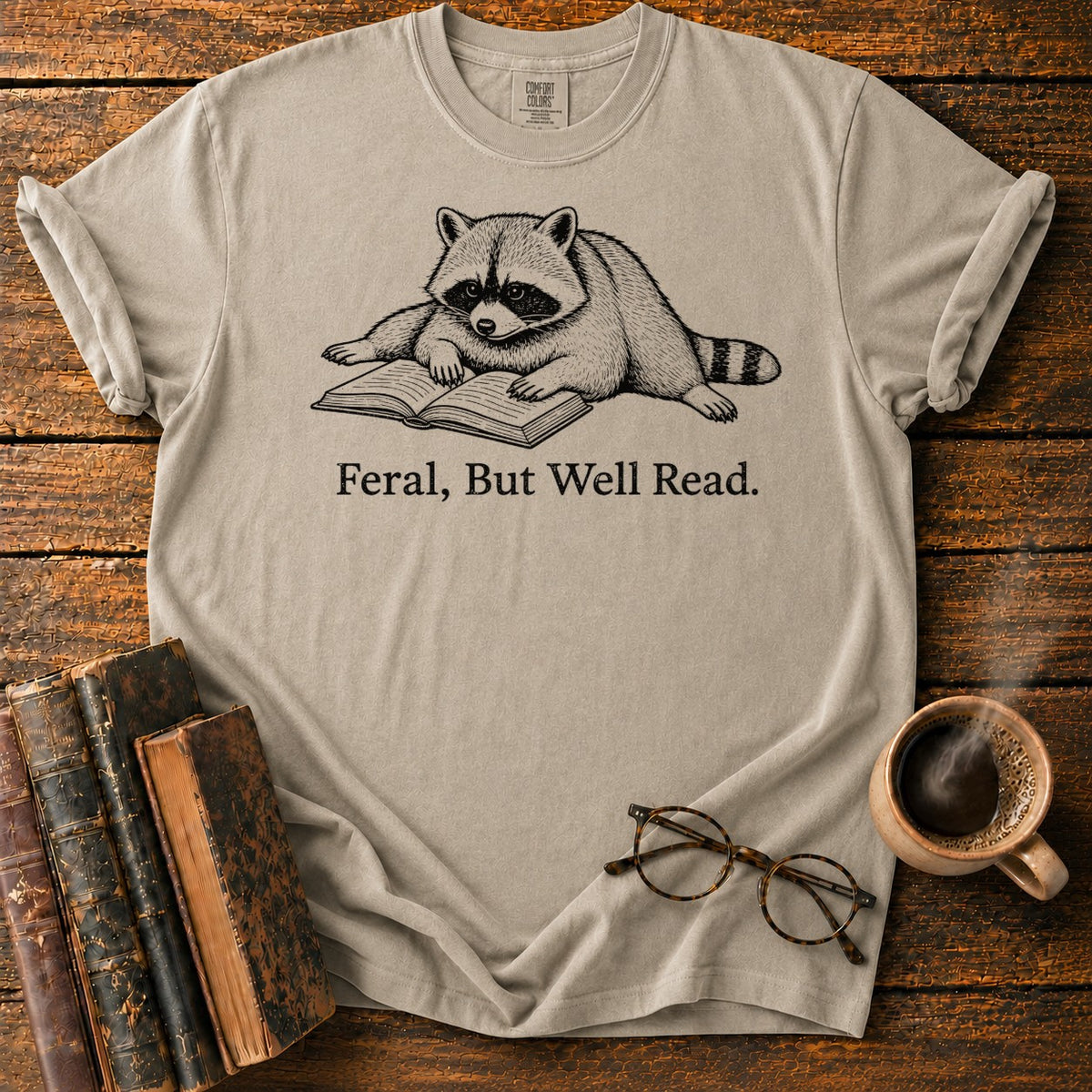 Feral But Well Read Raccoon Lineart T-Shirt in Khaki – BooksThreads