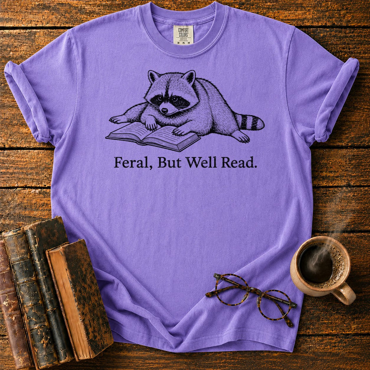 Feral But Well Read Raccoon Lineart T-Shirt in Violet – BooksThreads